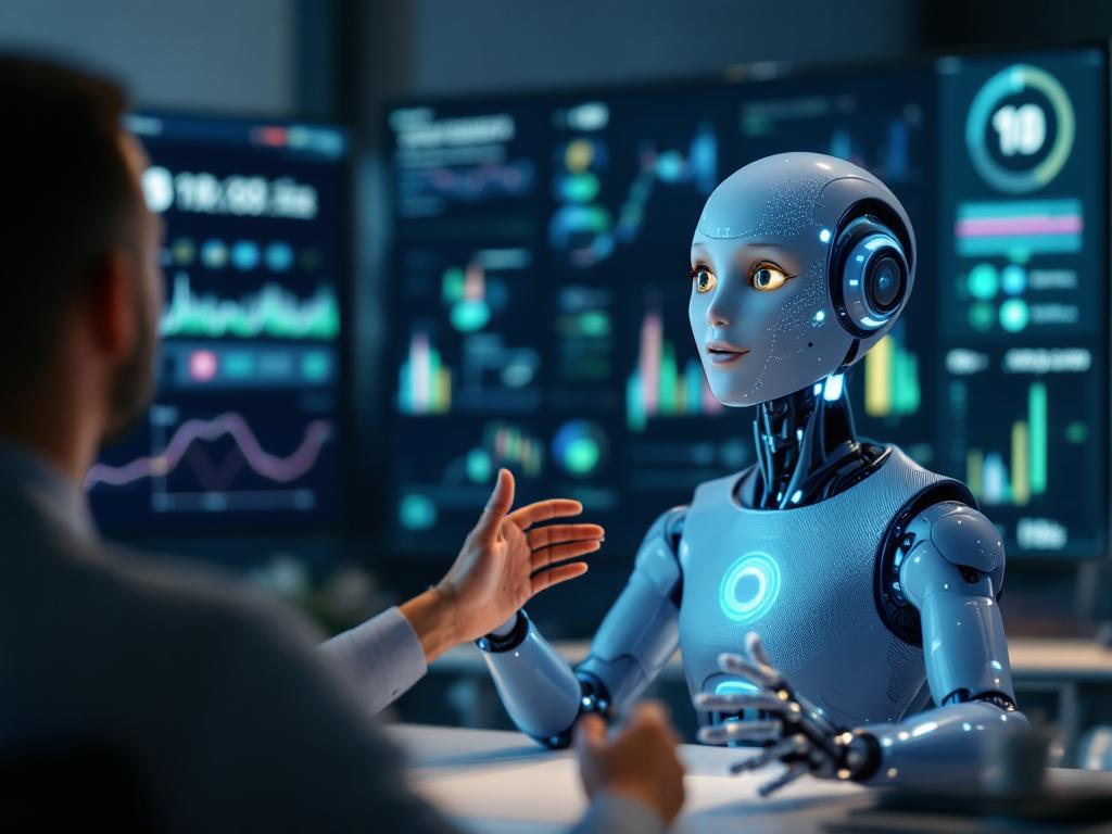AI avatar presenting in a high-tech environment, demonstrating lip-sync and expressions.