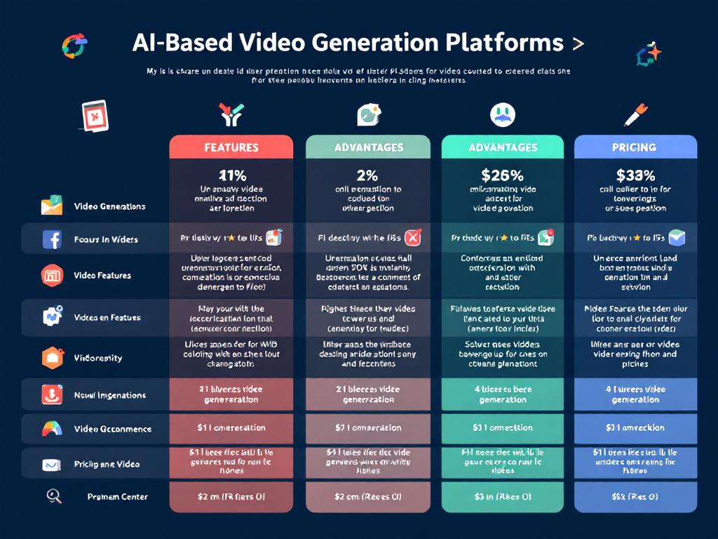 Infographic comparing AI-based video generation platforms, their features and pricing.
