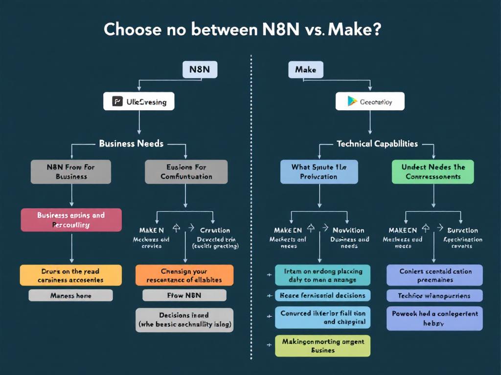 A decision tree diagram indicating factors influencing the choice between N8N and Make for automation solutions.