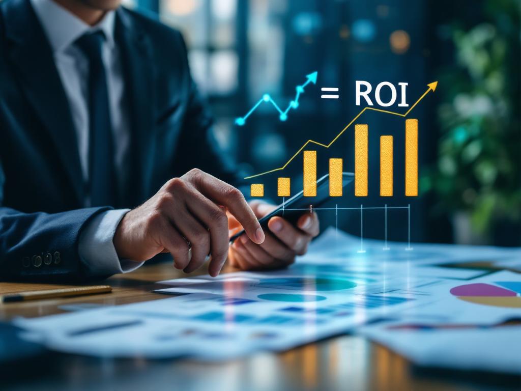 A business man calculating ROI, surrounded by charts and graphs related to automation tools.