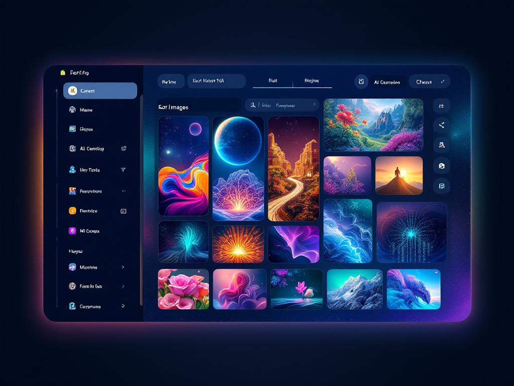 An overview of a modern AI image generation tool interface with vibrant, colorful images being produced.