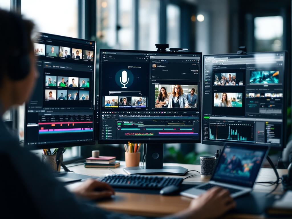 A workspace with screens displaying advanced AI video editing software functionalities.