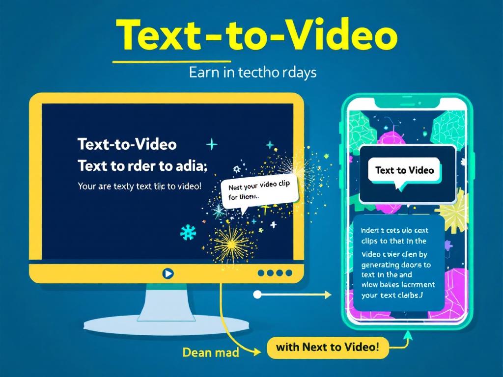 Illustration showing Text-to-Video technology with a user inputting commands and generating videos.