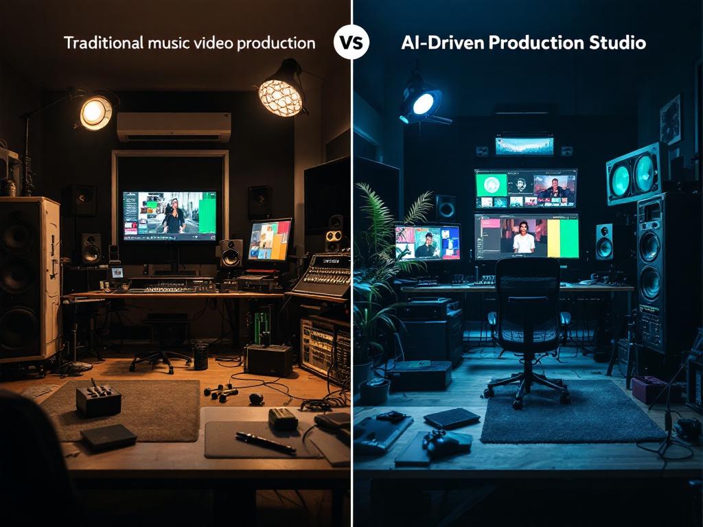 Comparison of traditional vs AI-driven music video production.