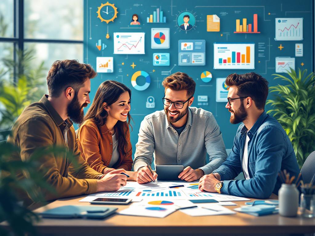 Small business team using AI images for marketing.