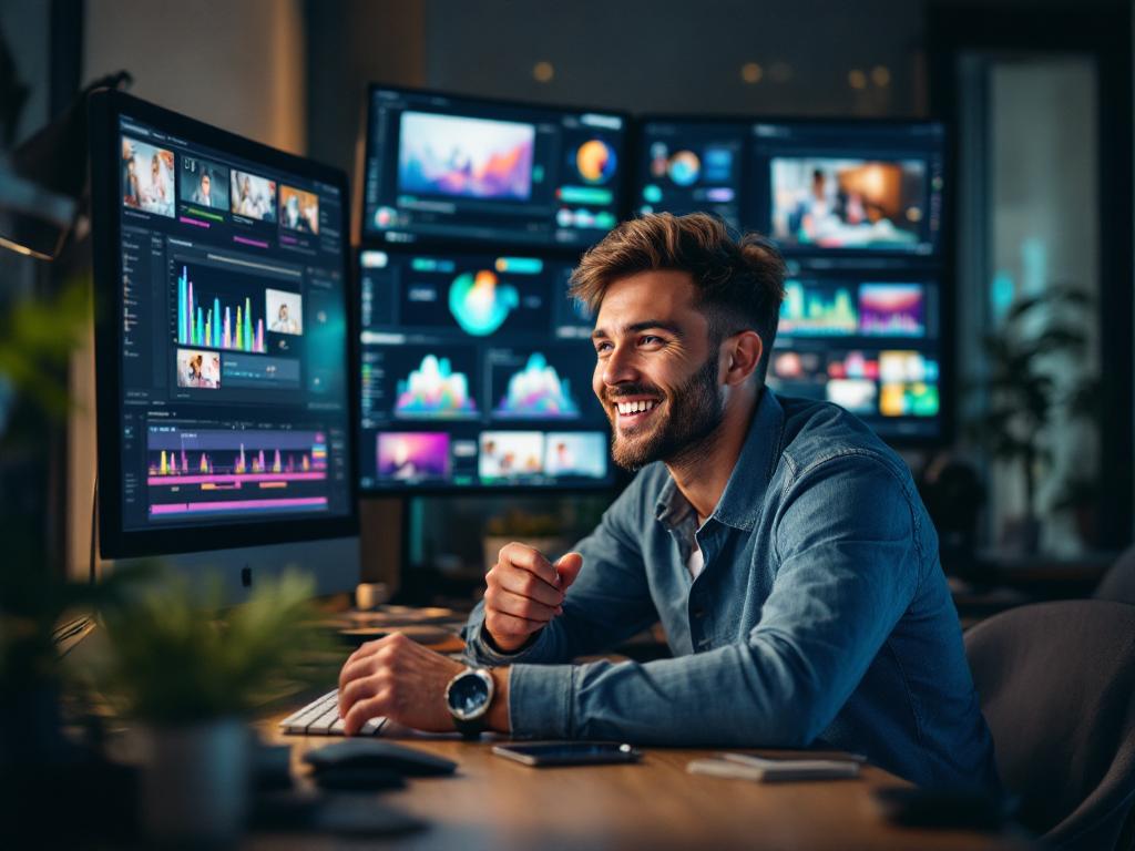 A designer working with AI software to streamline the video creation process, enjoying the benefits of automation.
