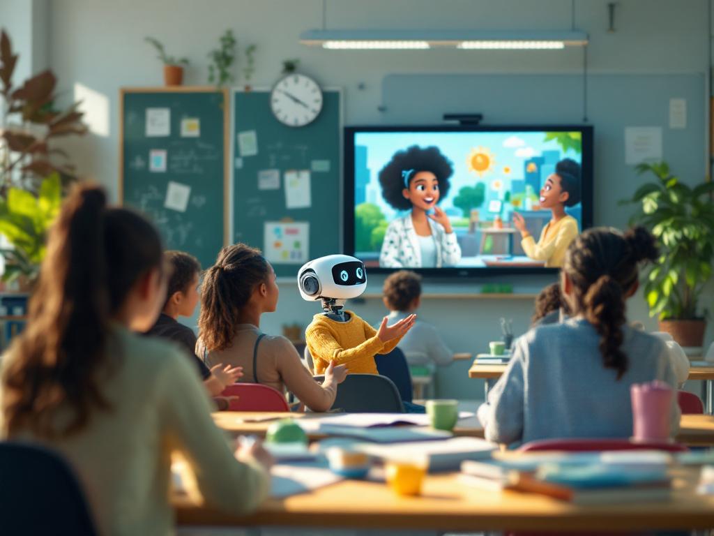 Illustration of AI-generated educational videos in use within a classroom setting.
