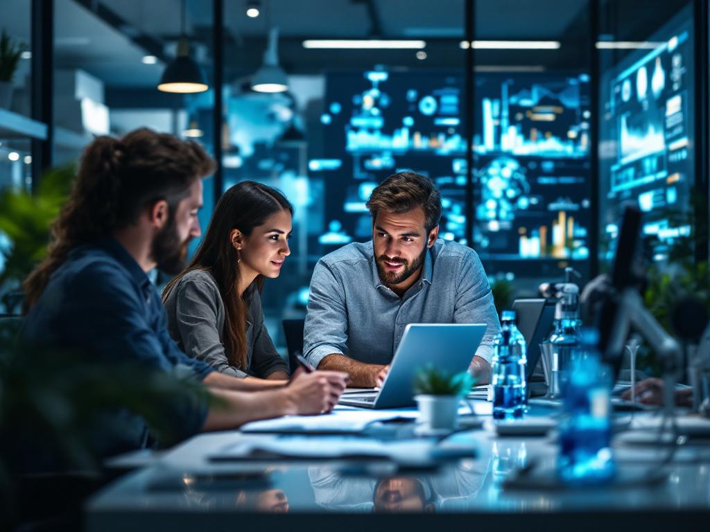 A modern office scene depicting a diverse team working together on automation strategies, focused on an N8N presentation.