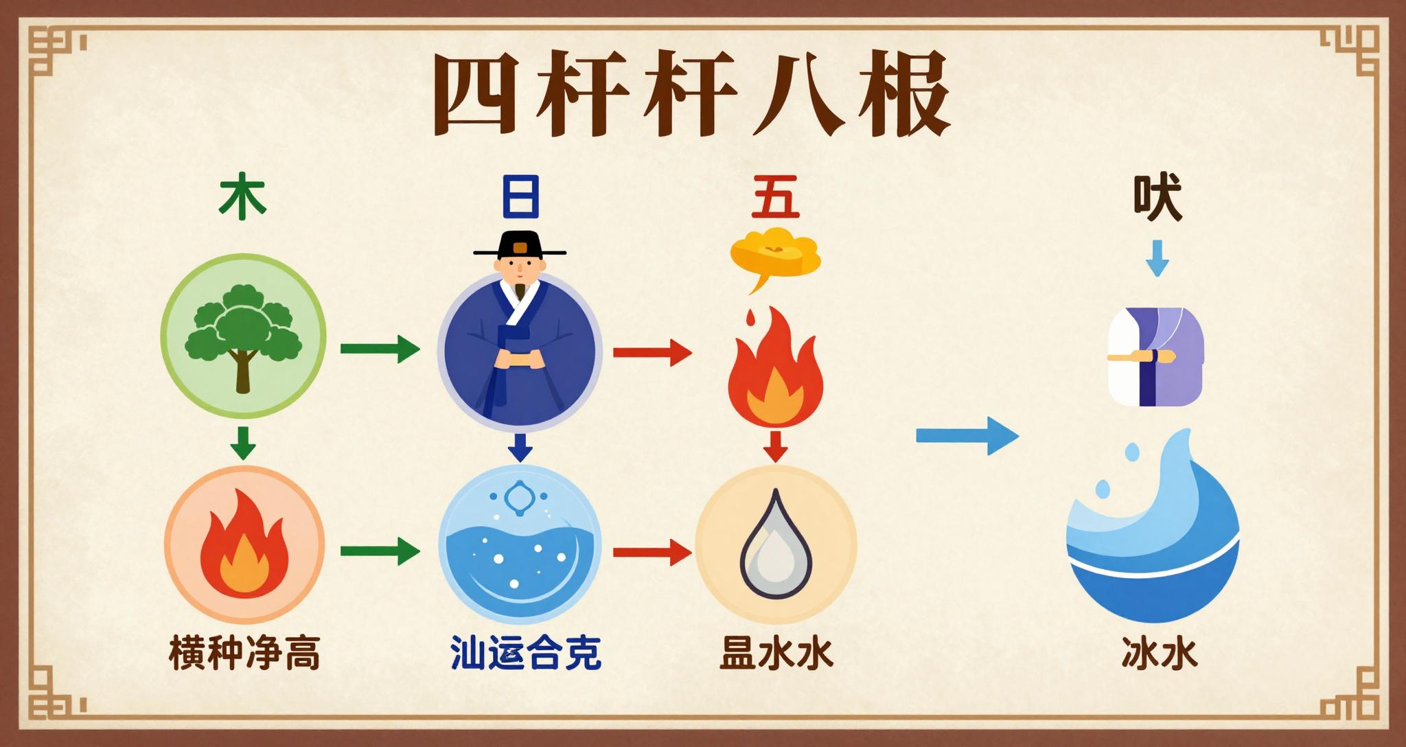 사주팔자의 사주 기둥과 오행 관계를 설명하는 인포그래픽