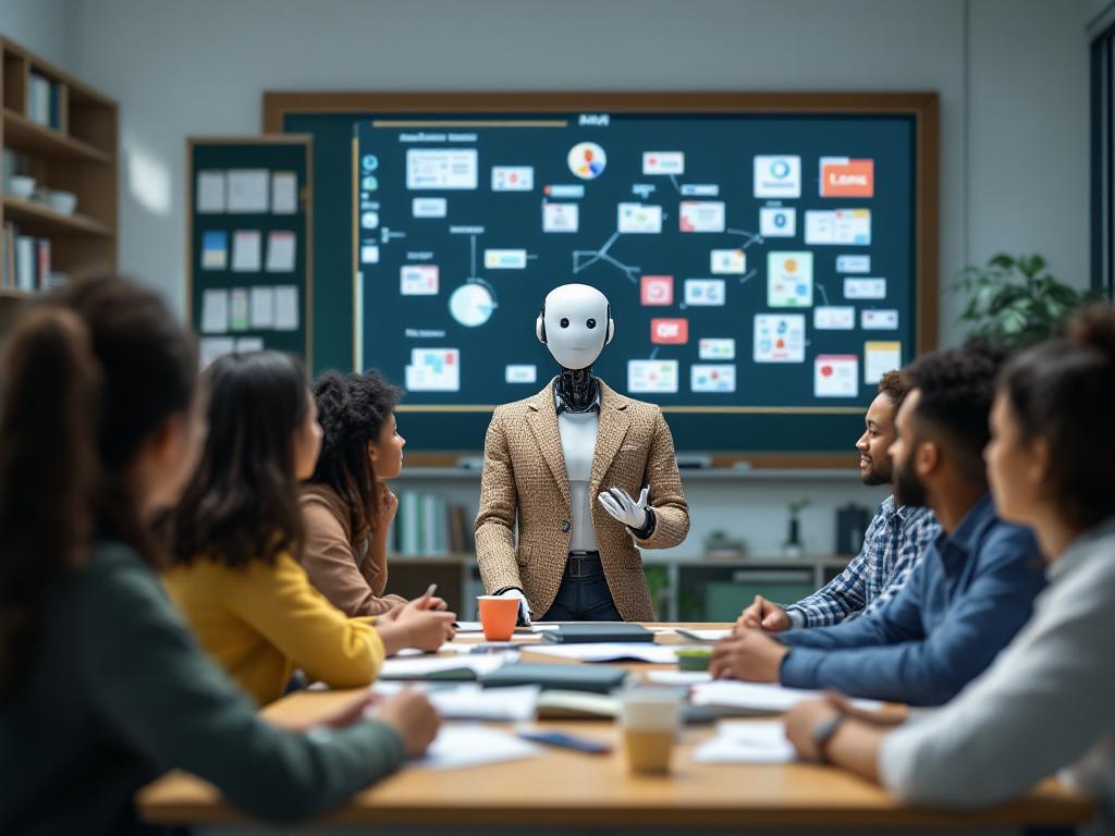 AI avatar teaching students in a virtual classroom, illustrating language diversity.