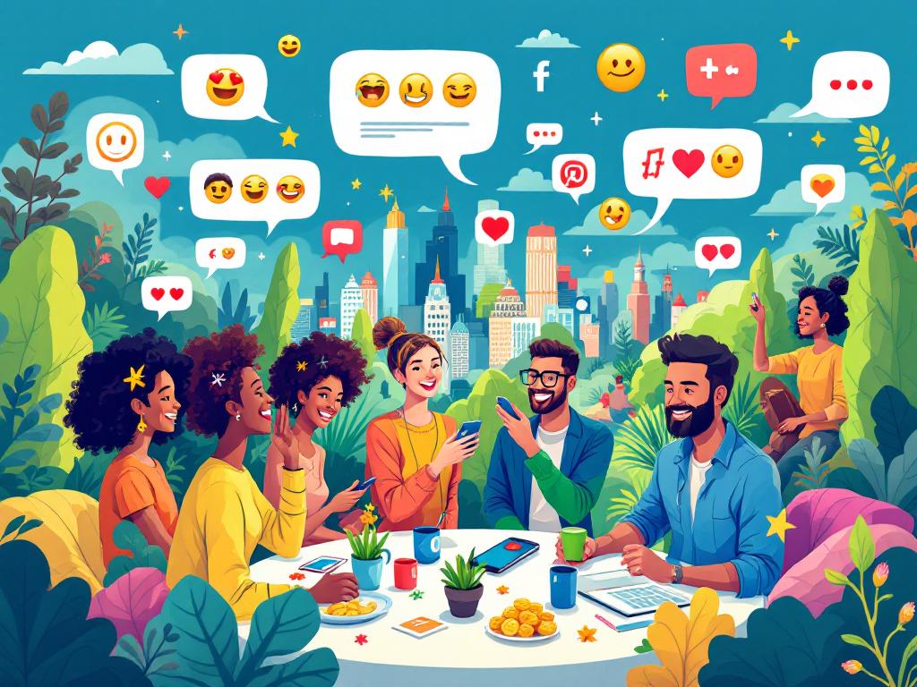Illustration showing diverse social media interactions and language games.