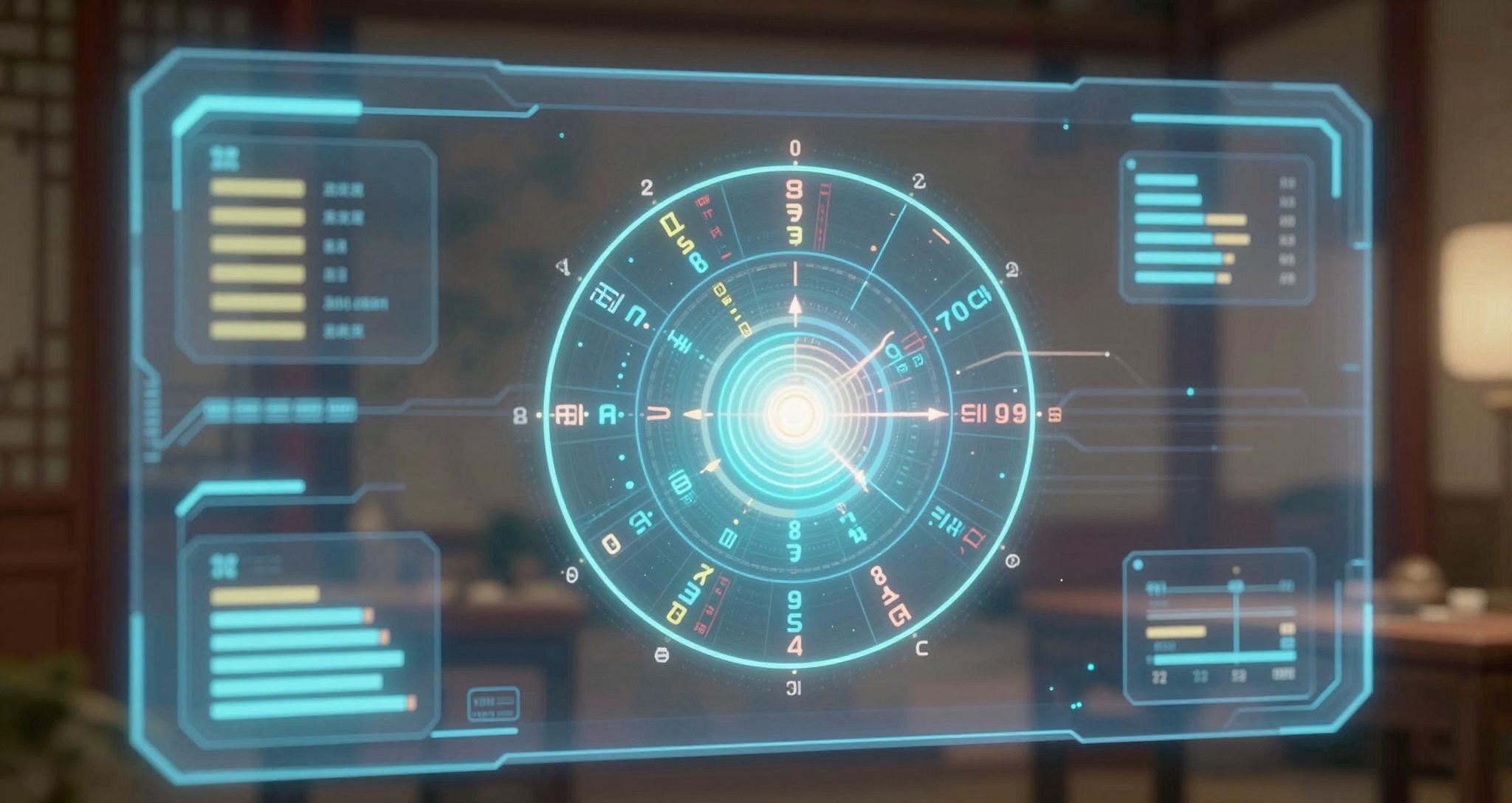 인공지능이 사주팔자의 전통 한자 8글자를 현대적 데이터 시각화와 함께 분석하는 모습