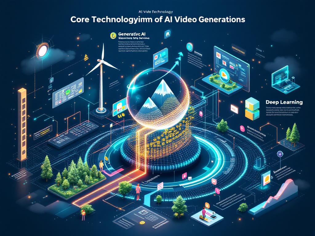 Illustration of the core technology behind AI video generation services with elements of generative AI and deep learning.