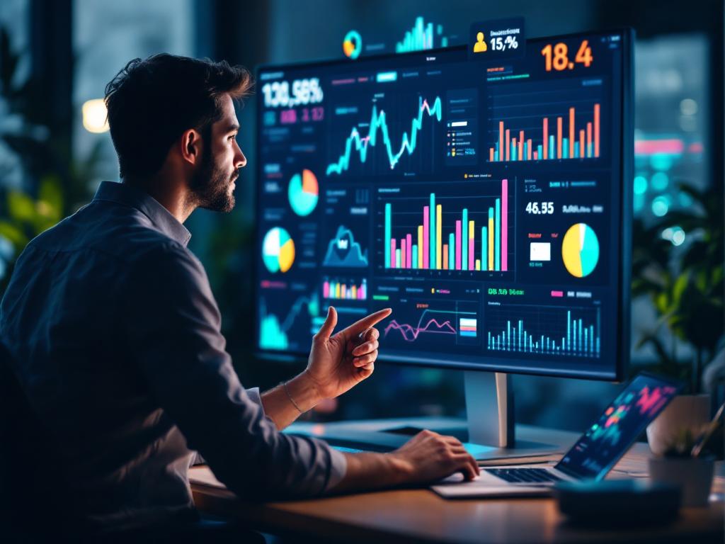 Marketer reviewing analytics data of AI-generated videos.