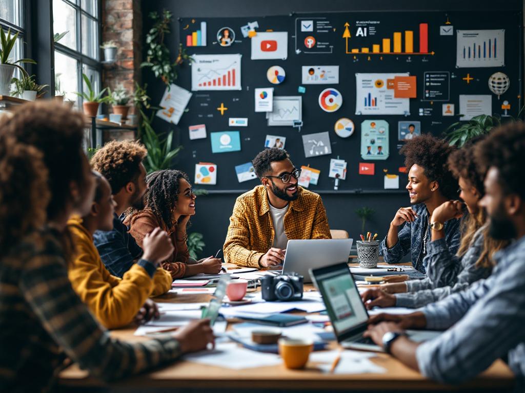 Marketers collaborating on video marketing strategies with AI tools.