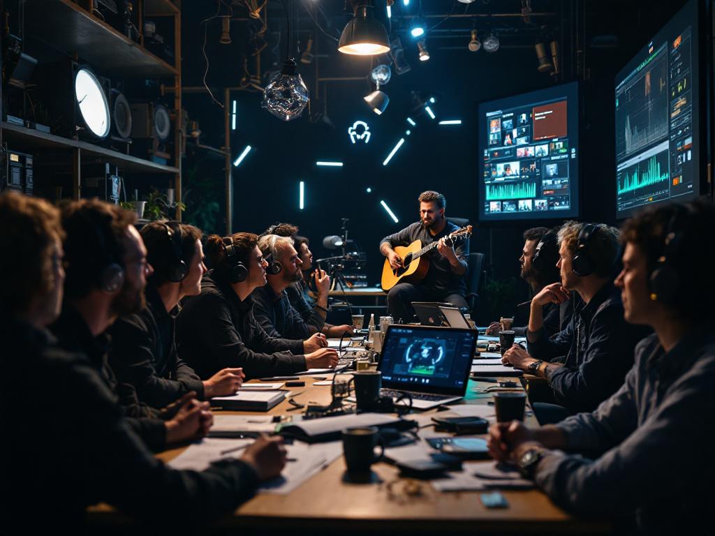 Creators collaborating and sharing knowledge in an online community about AI music video production.