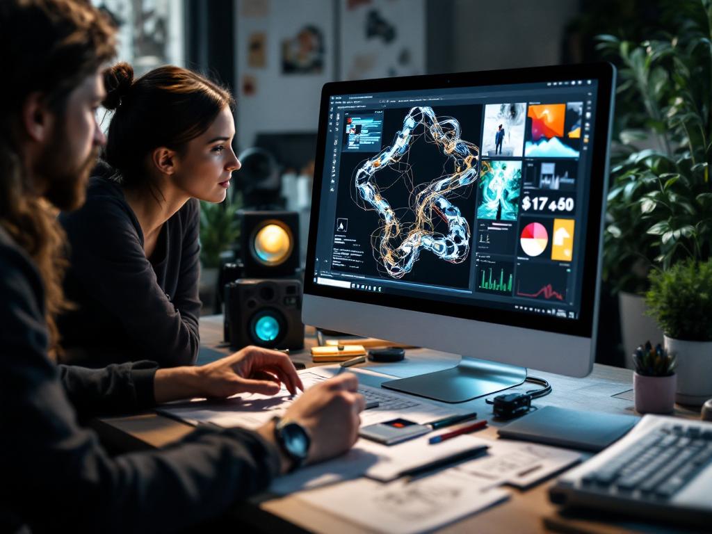 A designer using AI tools to enhance music video creation.