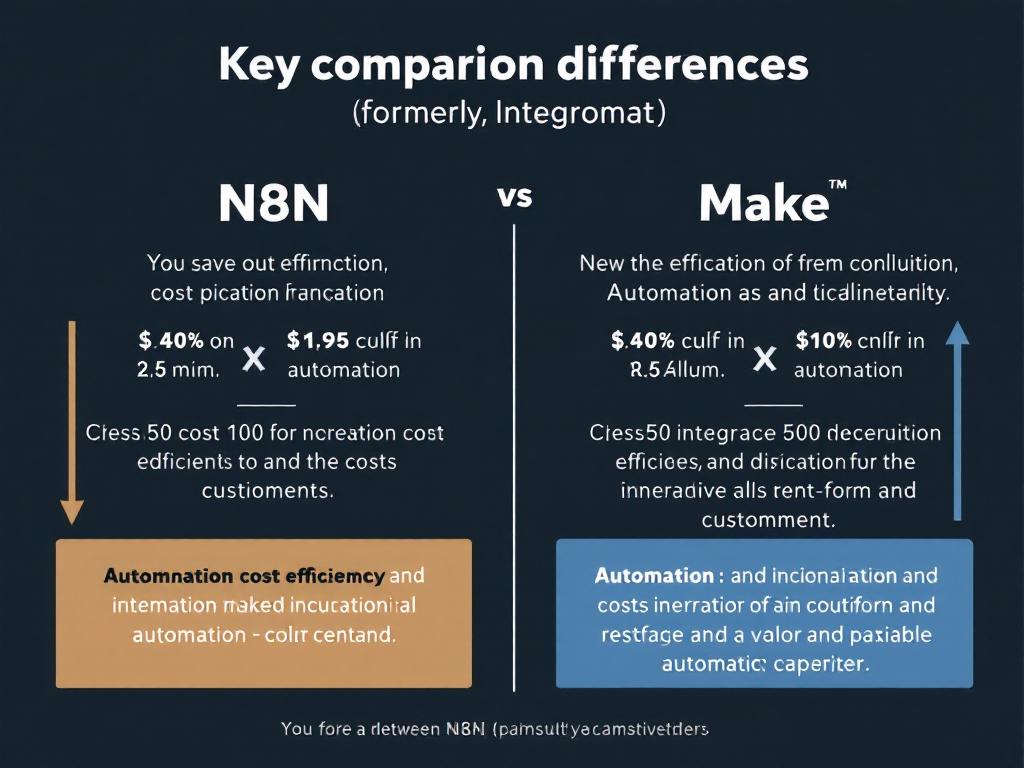 Side-by-side comparison of N8N and Make platforms, highlighting cost efficiency and features.