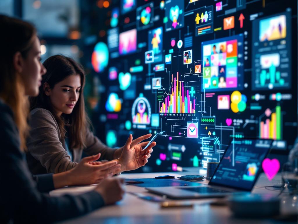 A collaborative marketing team leveraging AI for creating dynamic social media content.