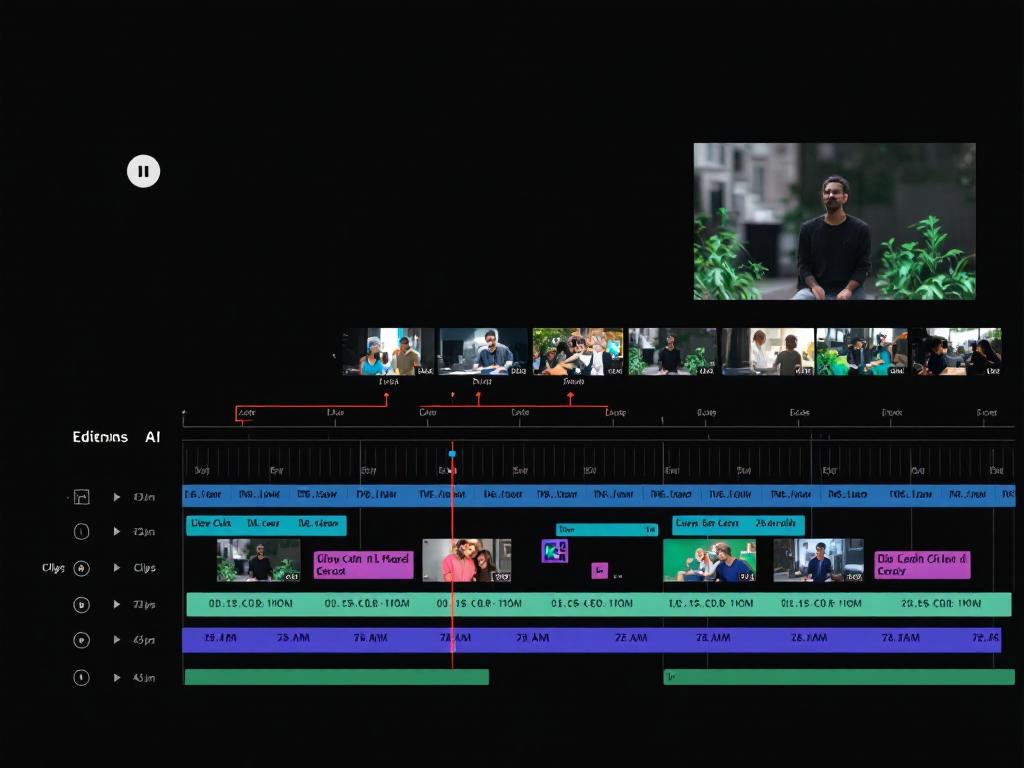 Video editing timeline showing AI-generated clips being edited.