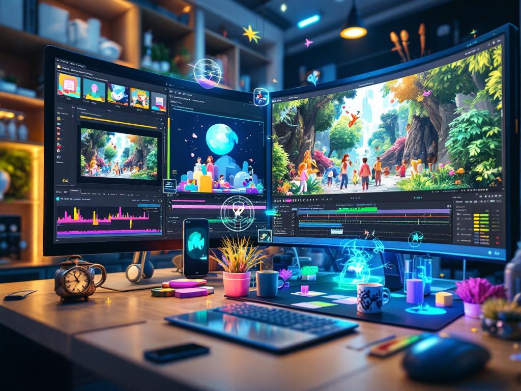 A technician monitoring real-time AI rendering and editing on computer screens filled with moving graphics.