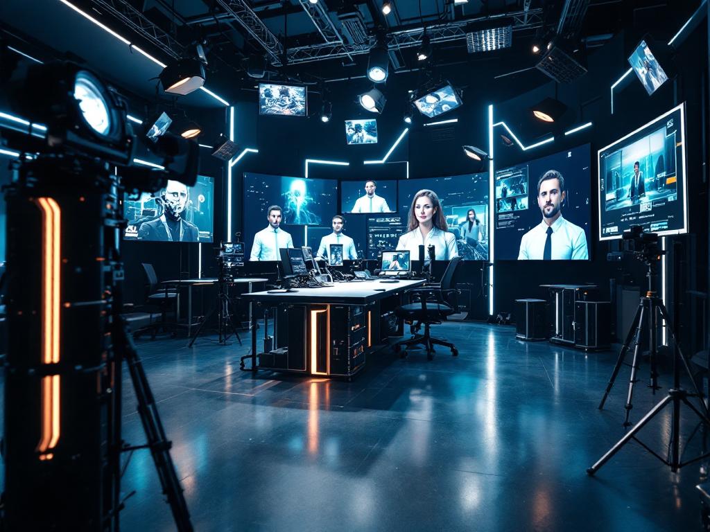 An AI-driven video production environment featuring advanced tools and screens with video editing interface.