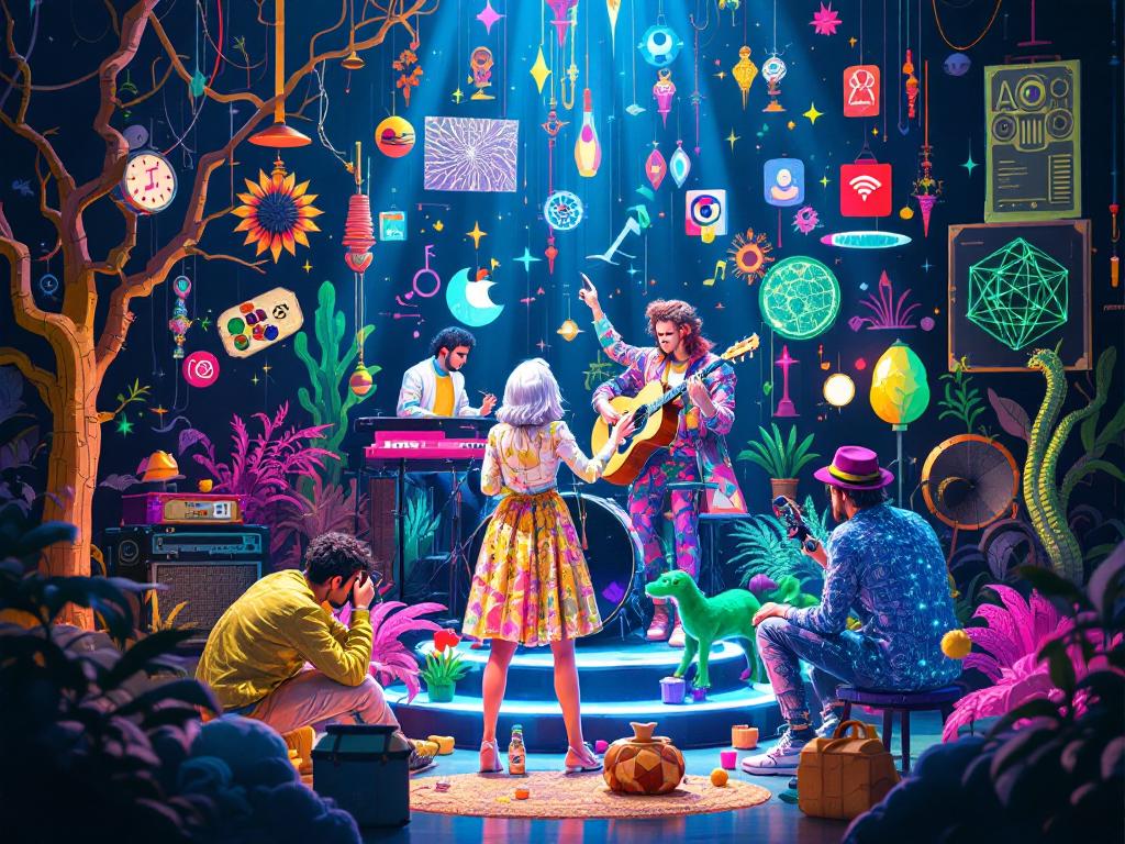Artists collaborating with AI on music video creation.