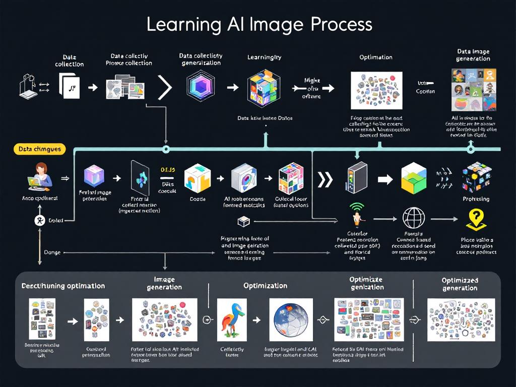 Educational infographic explaining the training process of AI image generation.