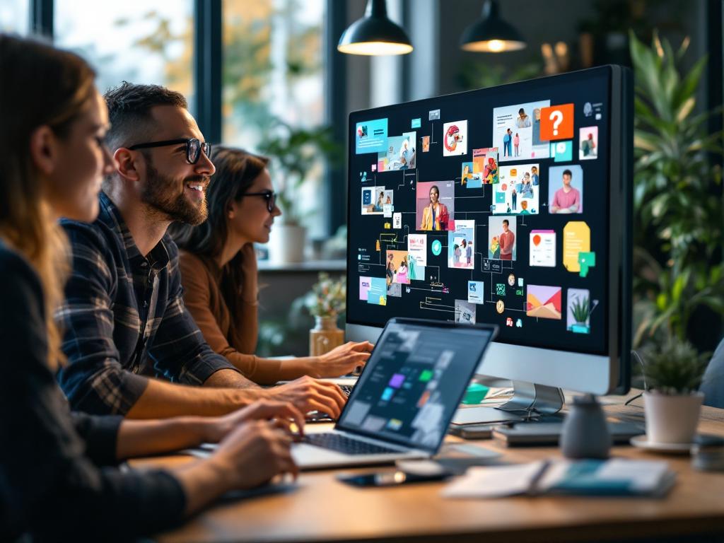 A marketing team collaboratively using a high-end AI image generation tool.