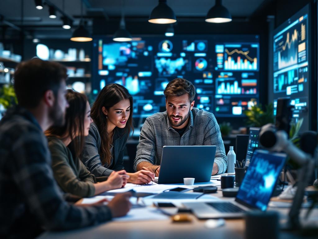 Marketing team analyzing AI video campaign data.