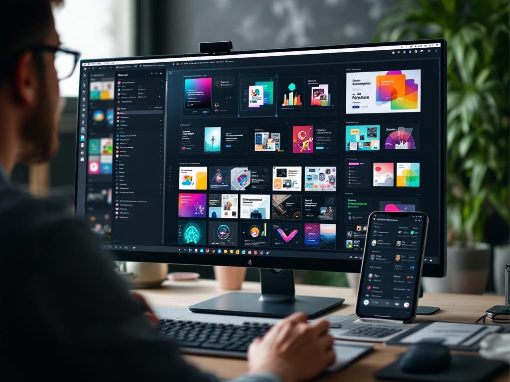 A designer utilizing Adobe Firefly with graphic design elements displayed on the monitor.