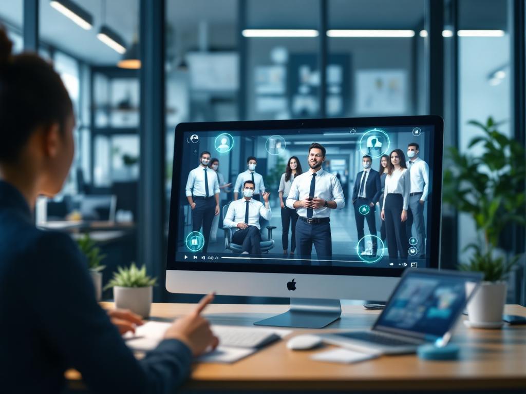 Visual representation of AI-generated videos for corporate communication and training.