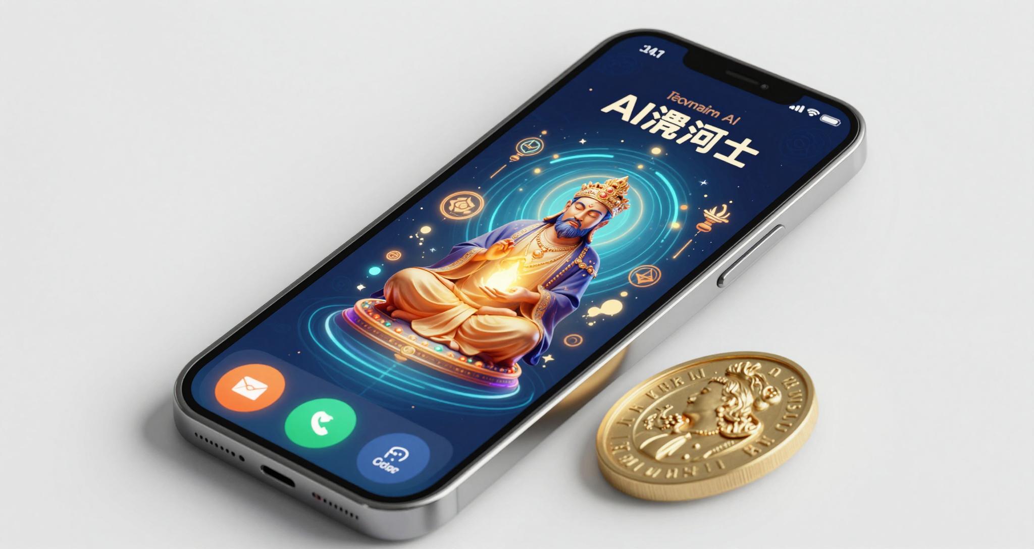 AI 사주팔자 트렌드를 상징하는 스마트폰 화면과 디지털 신령 이미지