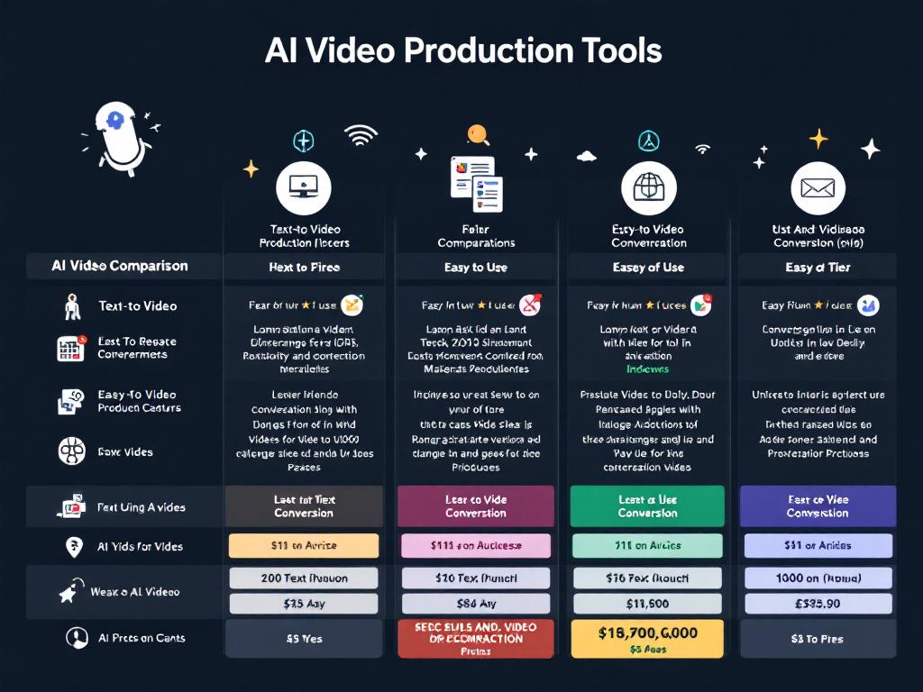 Comparison of AI video production tools highlighting their features, ease of use, and pricing.