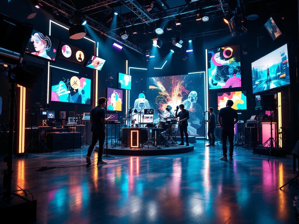 A high-tech music video production studio using AI technology for creating stunning visuals.