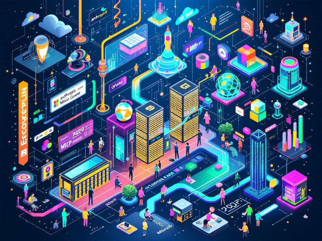 A bustling digital landscape representing the growth of the MCP ecosystem, featuring major AI companies.