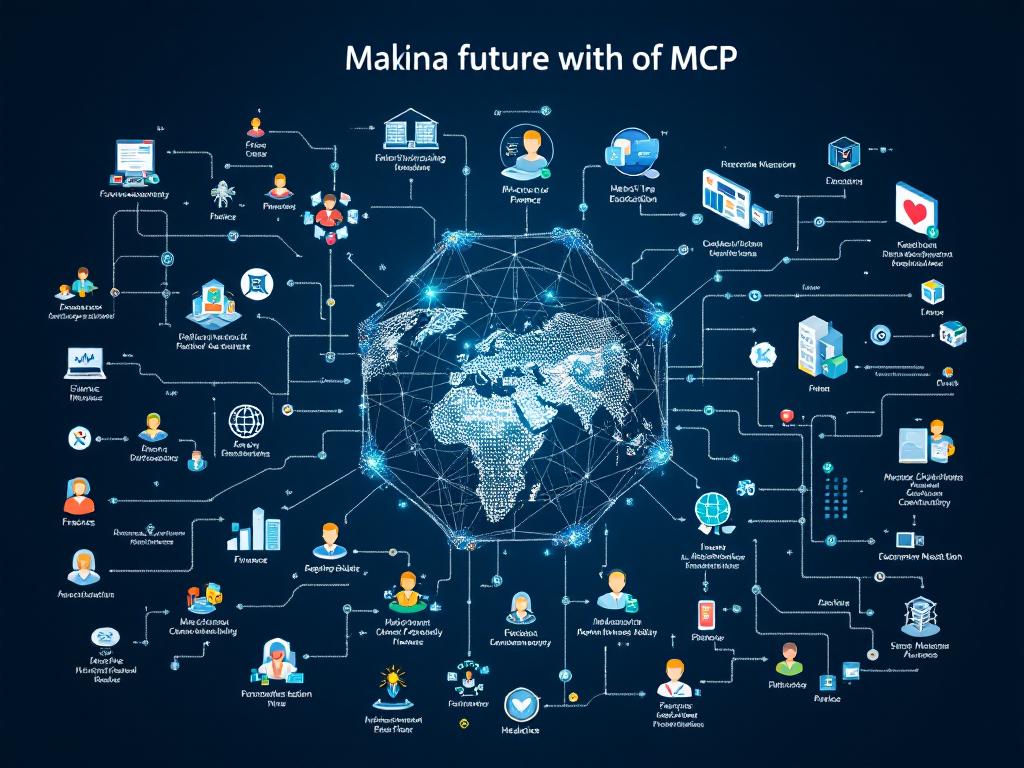 Futuristic depiction of MCP technology enabling multi-agent collaboration across various industries.