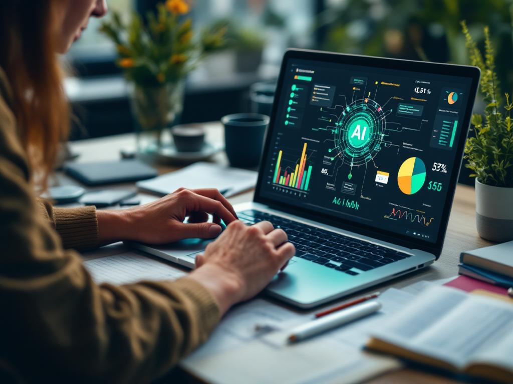 A content creator in a modern office environment utilizing AI writing tools to enhance productivity.
