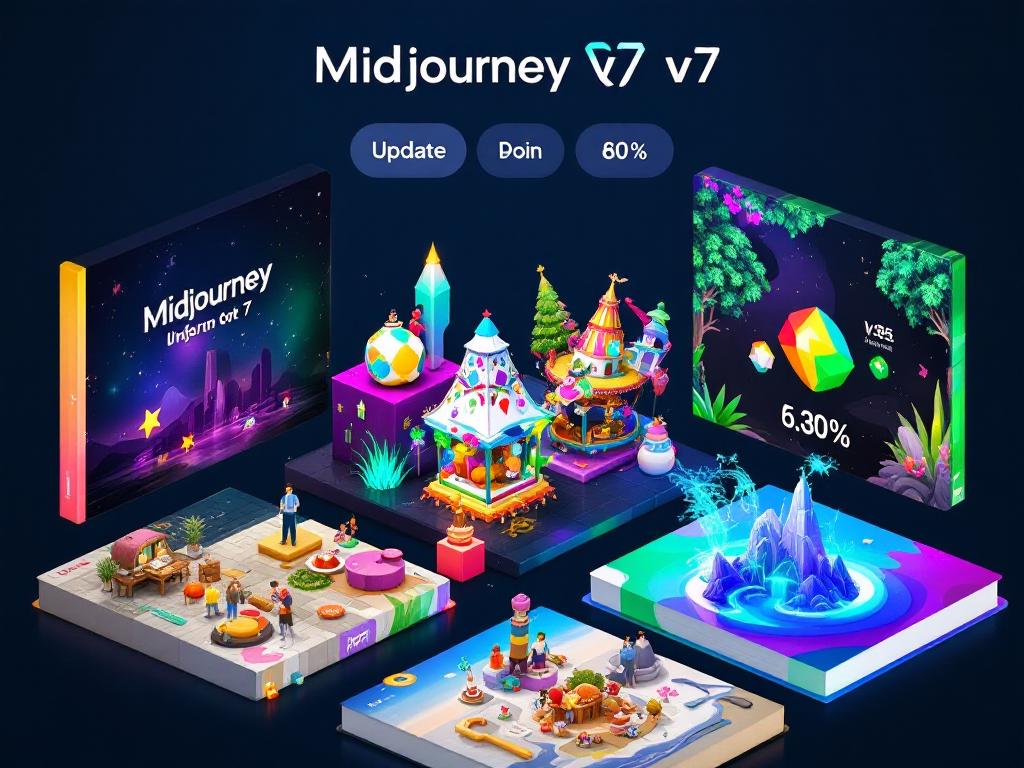 Artistic visualization of Midjourney's capabilities with 3D graphics and creative styles.