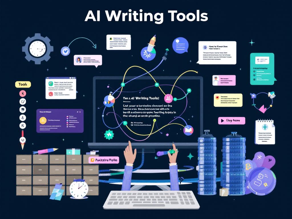 A digital display of popular AI writing software tools, showcasing their logos and main features.