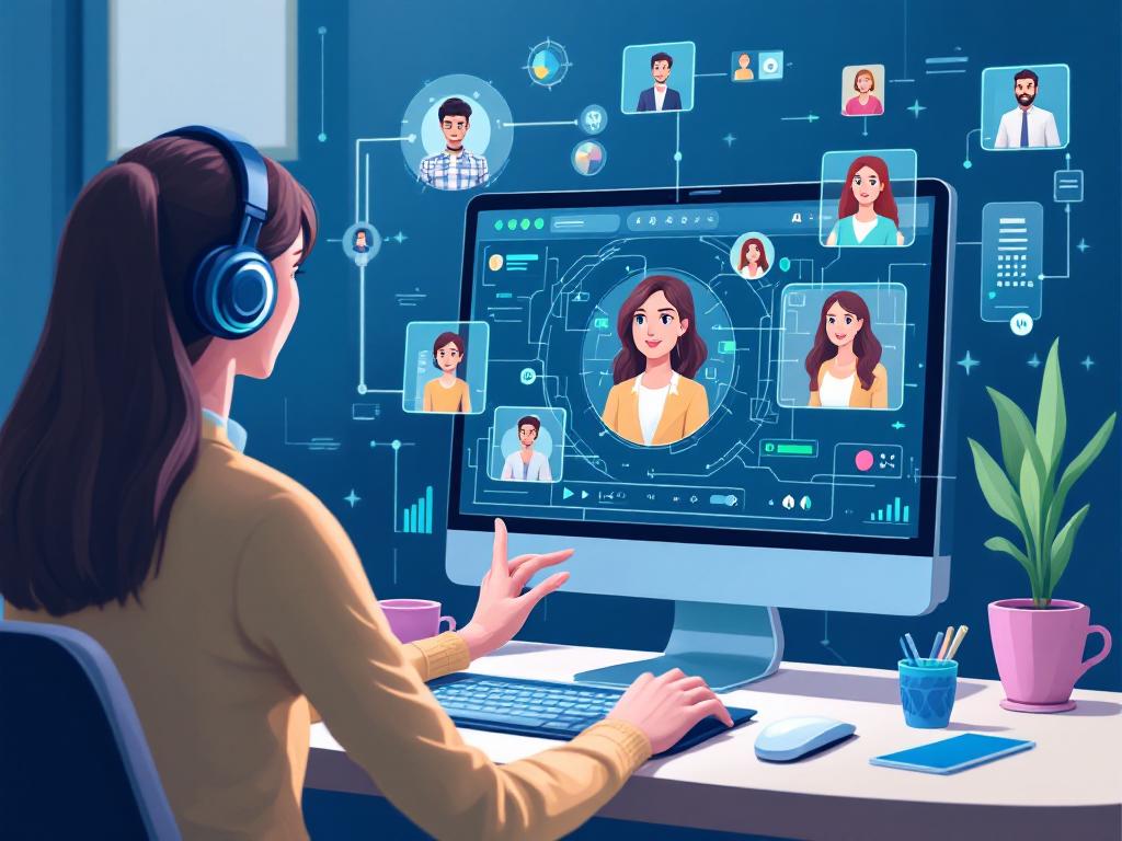 User creating videos using an AI tool with AI avatars appearing on the computer screen.