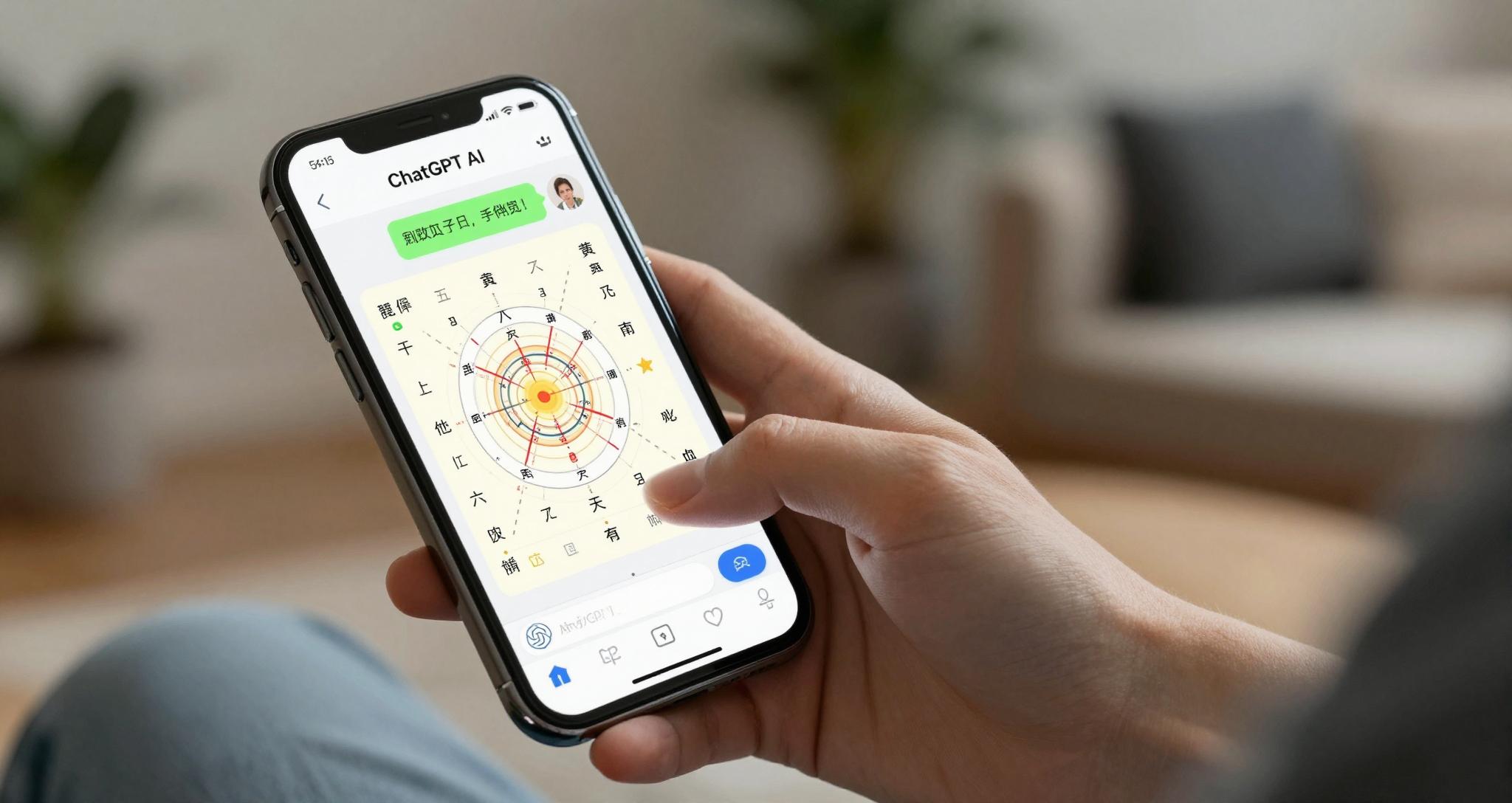 사용자가 스마트폰에 사주 8글자를 입력하고 챗GPT AI와 대화하는 장면